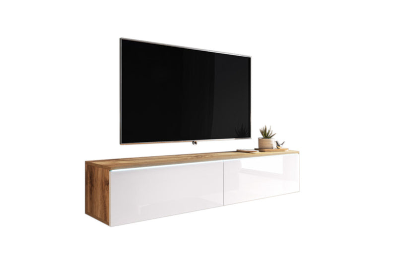 TV stolík MENDES D 140, 140x30x32, dub wotan/biela lesk + LED -  - 0