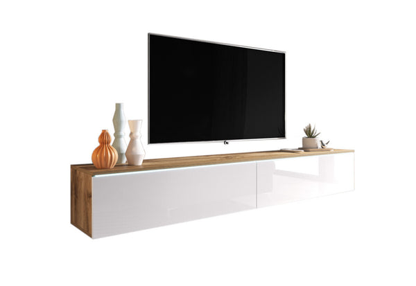 TV stolík MENDES D 180, 180x30x32, dub wotan/biela lesk + LED -  - 0